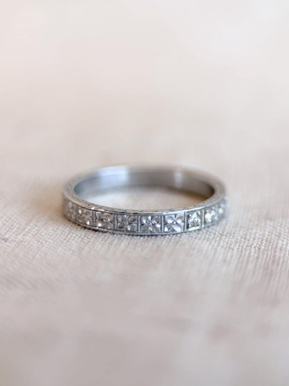 Vintage Diamond Wedding Band, Platinum, Art Deco Antique Filigree Minimalist Ring, Stacking Band