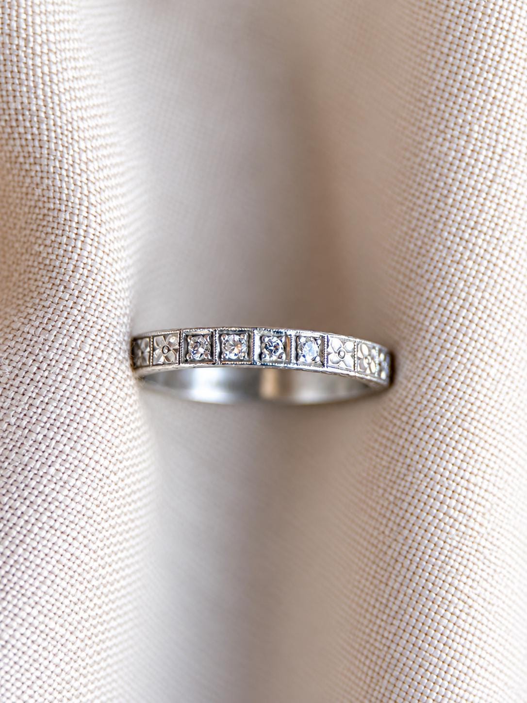 Vintage Diamond Wedding Band, Platinum, Art Deco Antique Filigree Minimalist Ring, Stacking Band