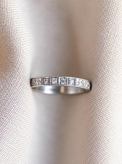 Vintage Diamond Wedding Band, Platinum, Art Deco Antique Filigree Minimalist Ring, Stacking Band