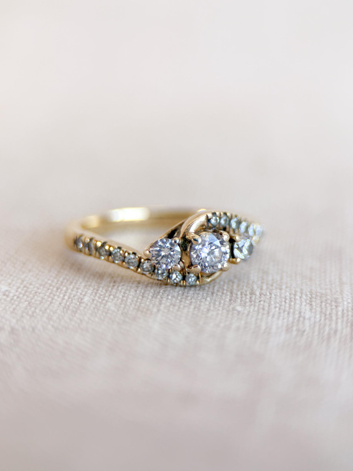 Vintage Diamond Engagement Ring, Round Cut, 10k Gold, Three Stone Offset Swirl Bridal Ring