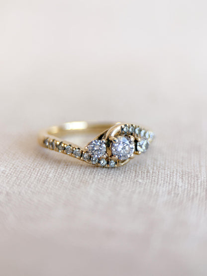 Vintage Diamond Engagement Ring, Round Cut, 10k Gold, Three Stone Offset Swirl Bridal Ring