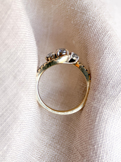 Vintage Diamond Engagement Ring, Round Cut, 10k Gold, Three Stone Offset Swirl Bridal Ring