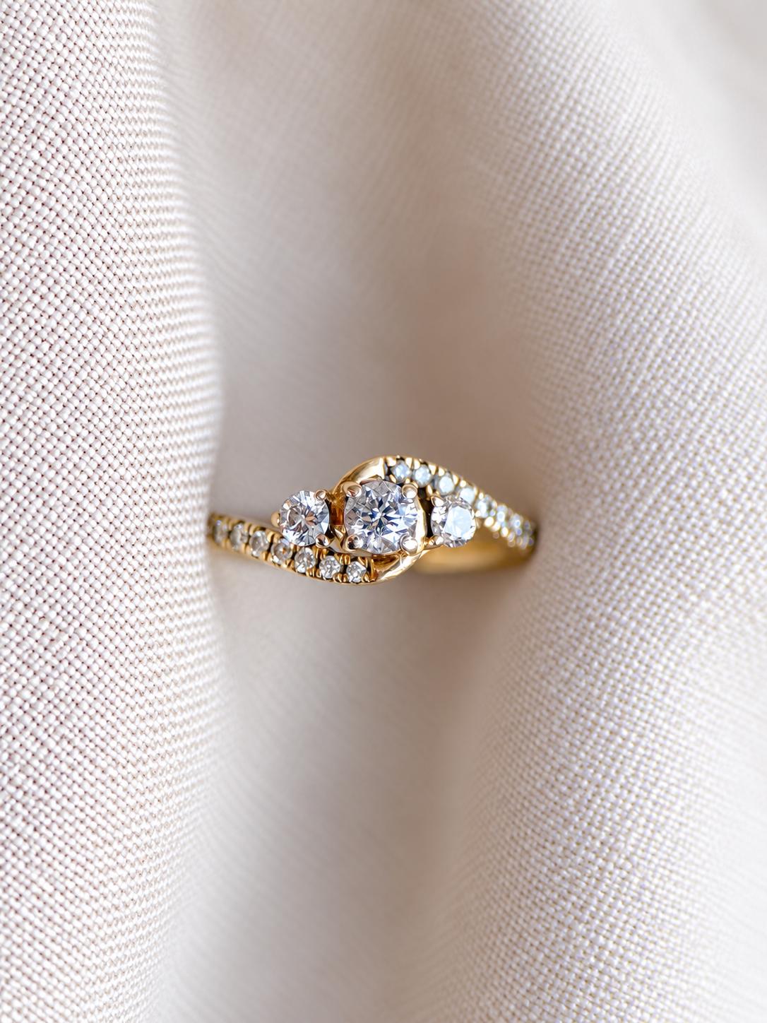 Vintage Diamond Engagement Ring, Round Cut, 10k Gold, Three Stone Offset Swirl Bridal Ring