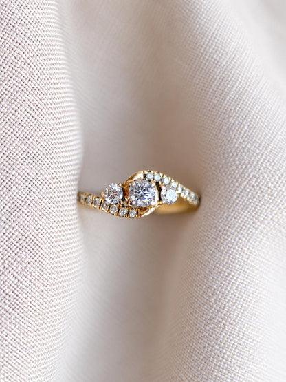 Vintage Diamond Engagement Ring, Round Cut, 10k Gold, Three Stone Offset Swirl Bridal Ring