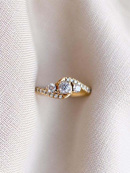 Vintage Diamond Engagement Ring, Round Cut, 10k Gold, Three Stone Offset Swirl Bridal Ring