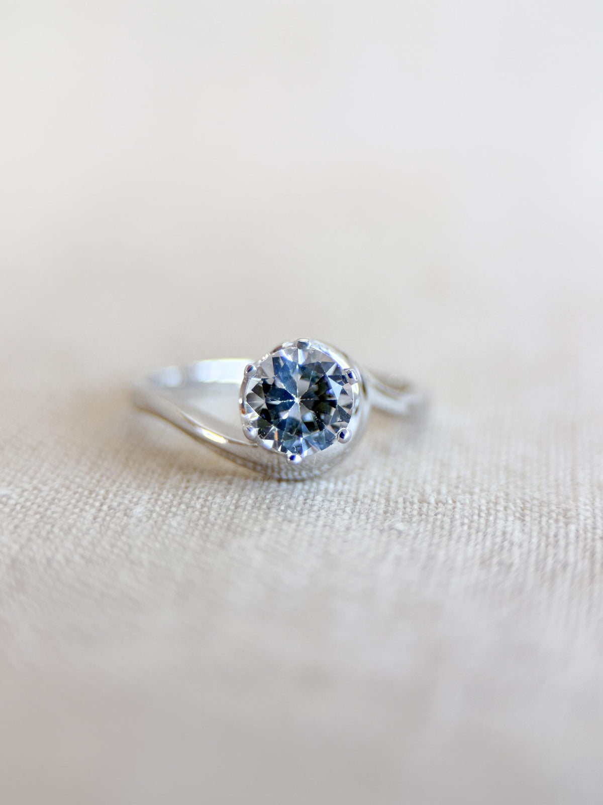 Vintage Topaz Engagement Ring, Round Cut, 10k White Gold, Swirl Solitaire Bridal Ring