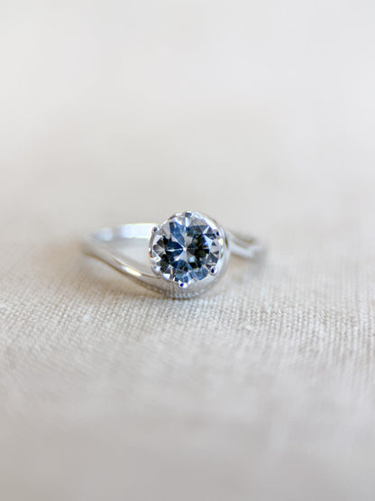 Vintage Topaz Engagement Ring, Round Cut, 10k White Gold, Swirl Solitaire Bridal Ring