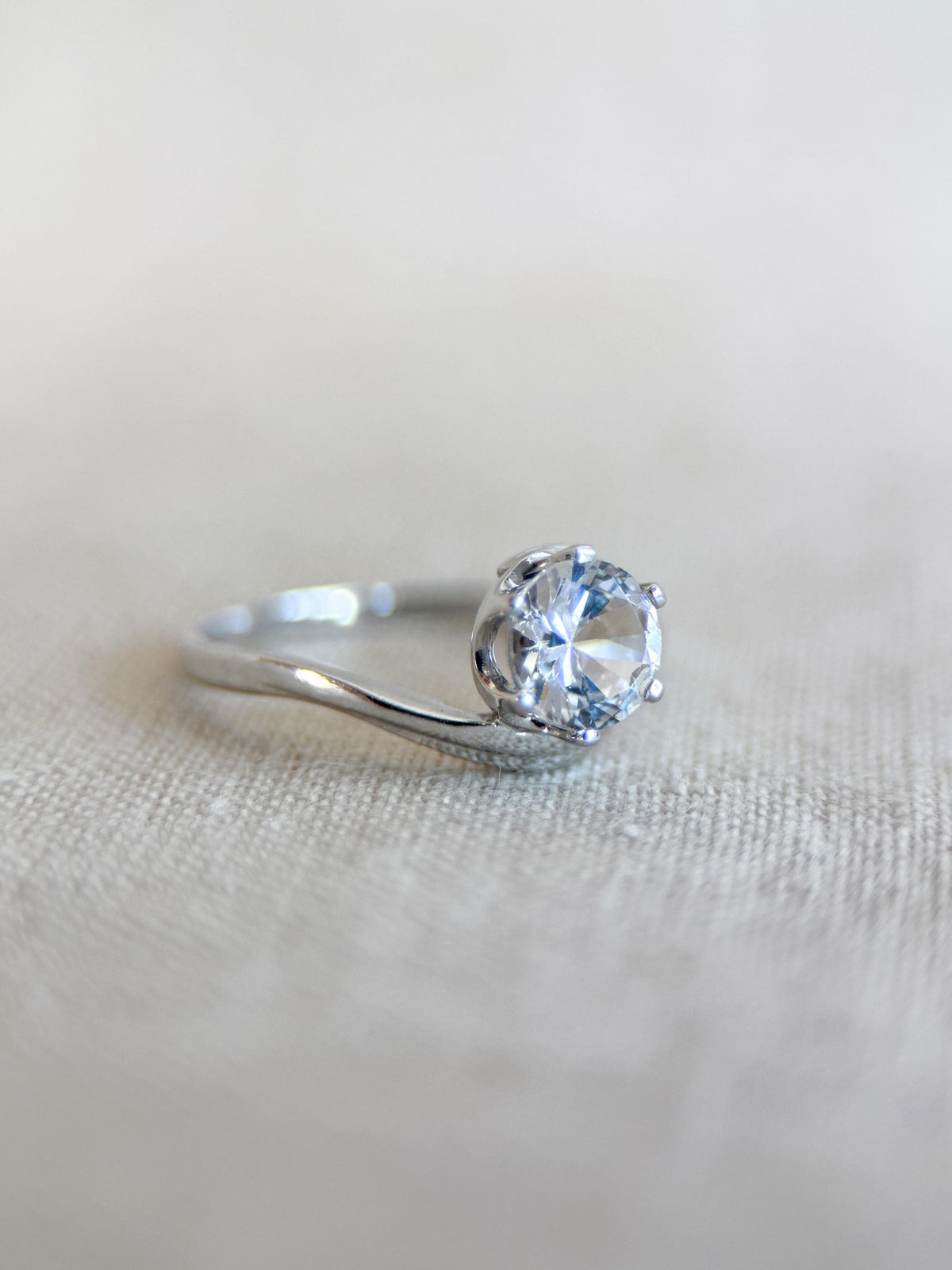 Vintage Topaz Engagement Ring, Round Cut, 10k White Gold, Swirl Solitaire Bridal Ring