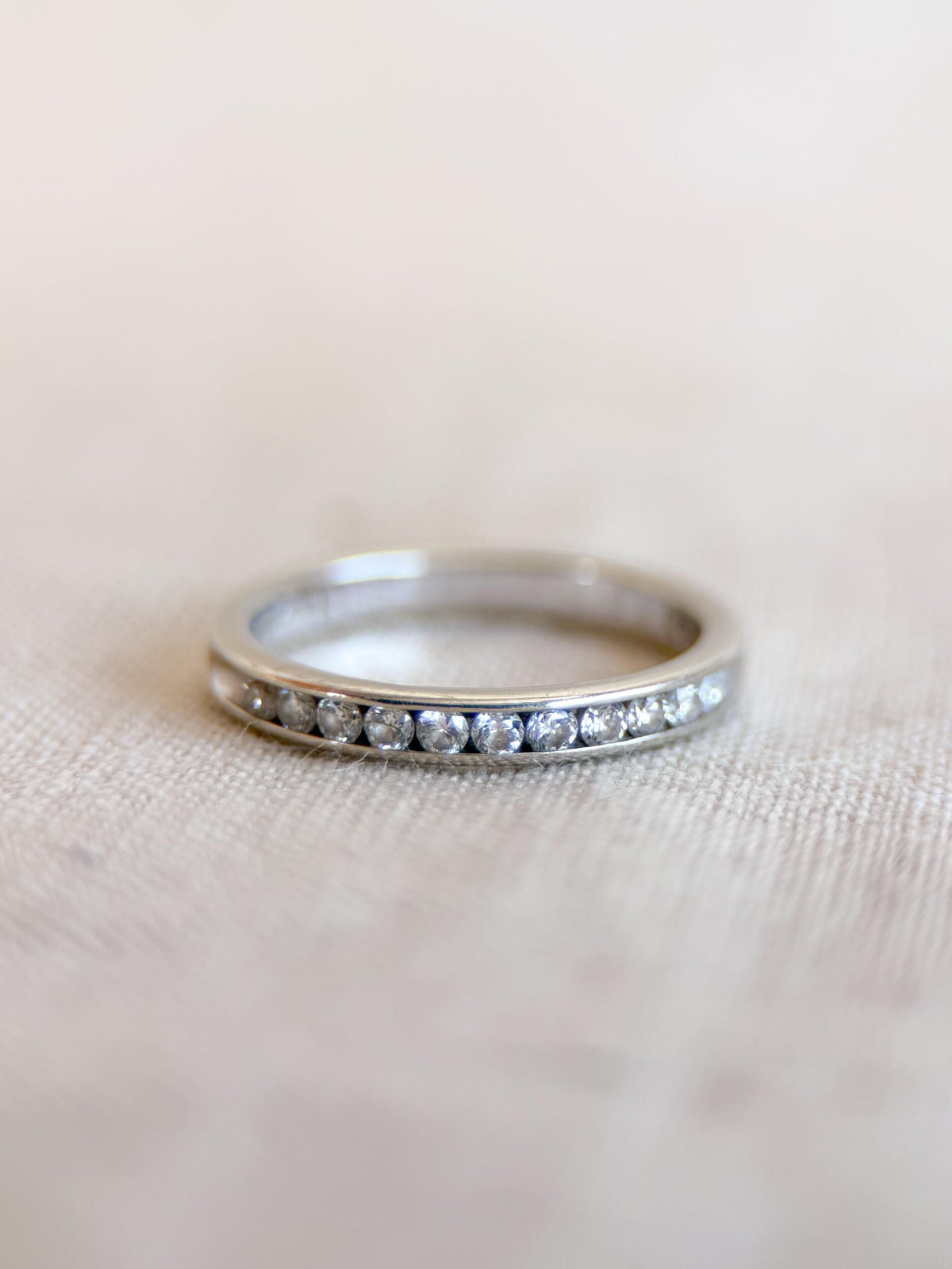 Vintage Diamond Wedding Band, 14k White Gold, Channel Set Round Cut Ring, Stacking Band
