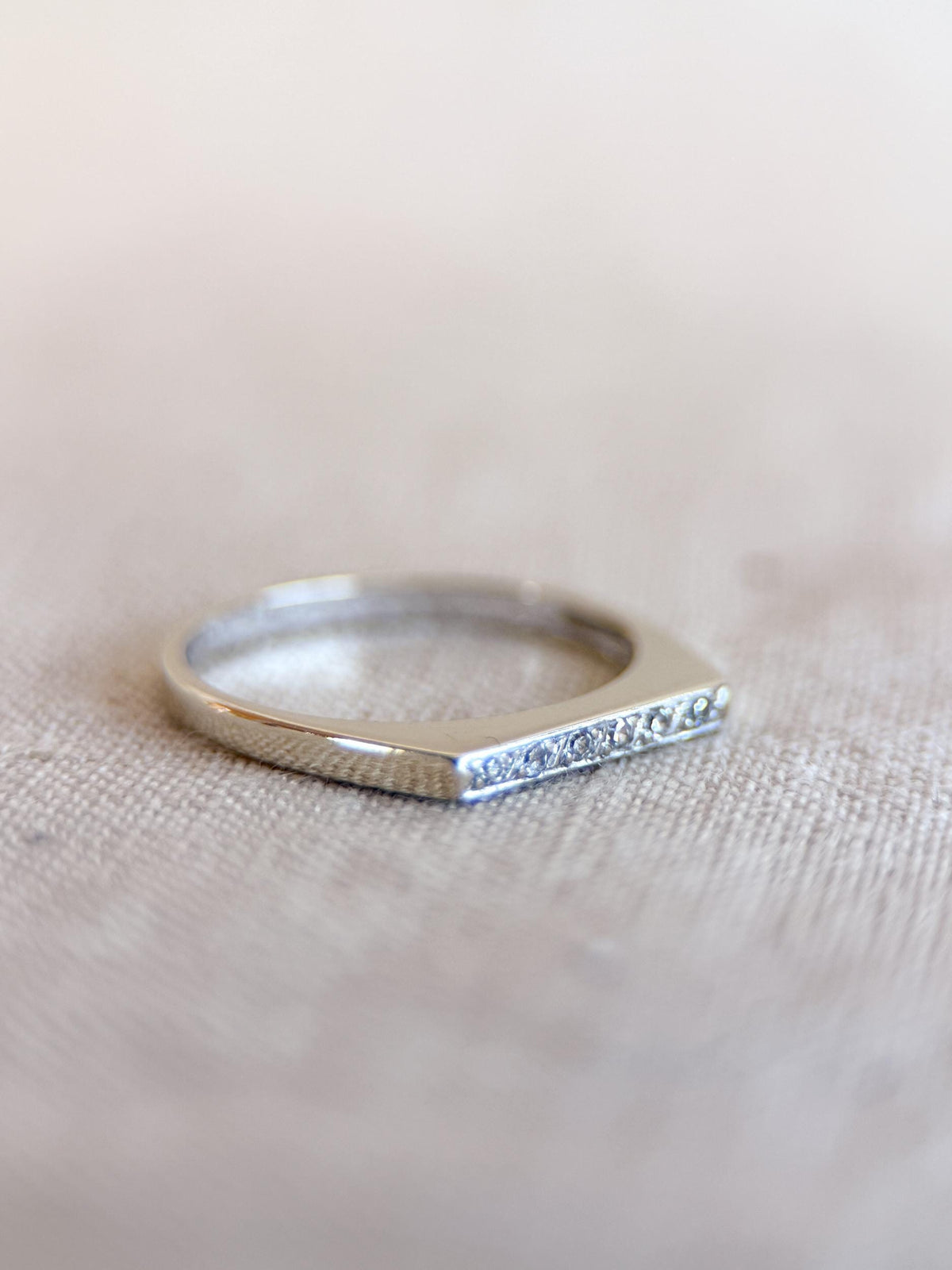Vintage Diamond Wedding Band, 14k White Gold, Squared Flat Top Minimalist Ring, Stacking Band