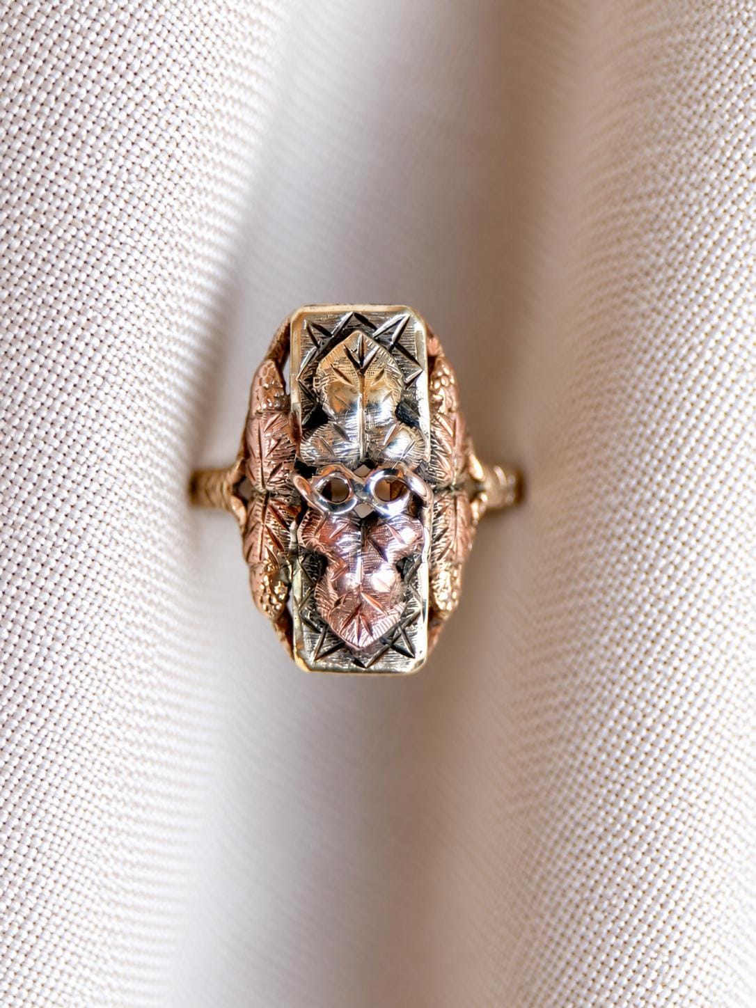 Vintage Black Hills Gold Ring, 10k Tri-Colored Leaf Statement Ring, Unique Floral Jewelry