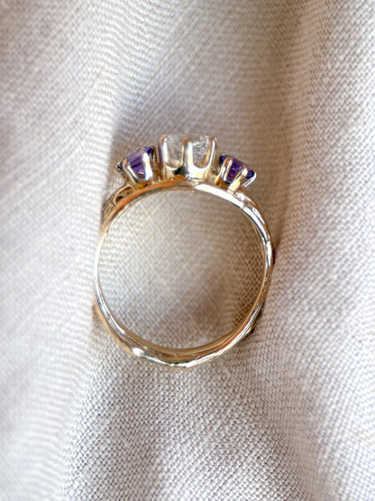 Vintage Moonstone and Amethyst Engagement Ring, Round Cut, 14k Gold, Three Stone Bridal Set