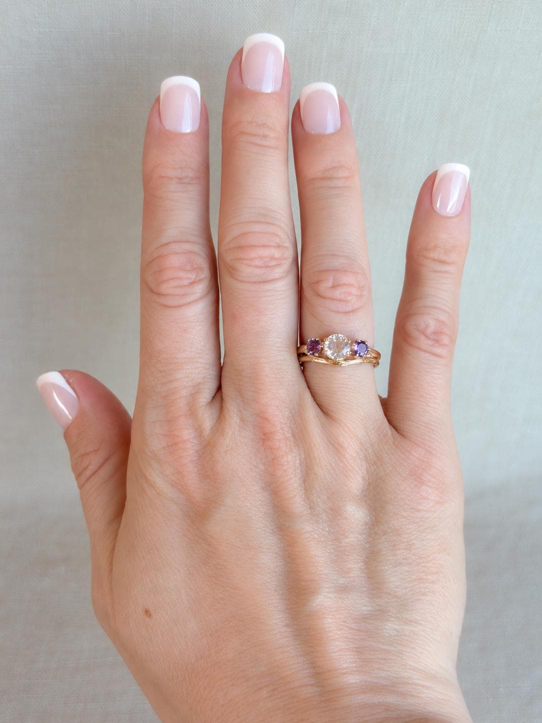 Vintage Moonstone and Amethyst Engagement Ring, Round Cut, 14k Gold, Three Stone Bridal Set