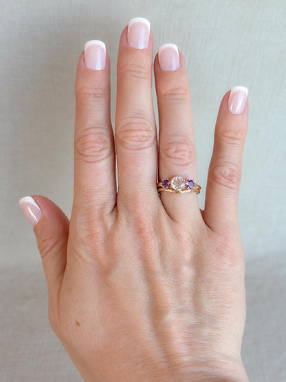 Vintage Moonstone and Amethyst Engagement Ring, Round Cut, 14k Gold, Three Stone Bridal Set