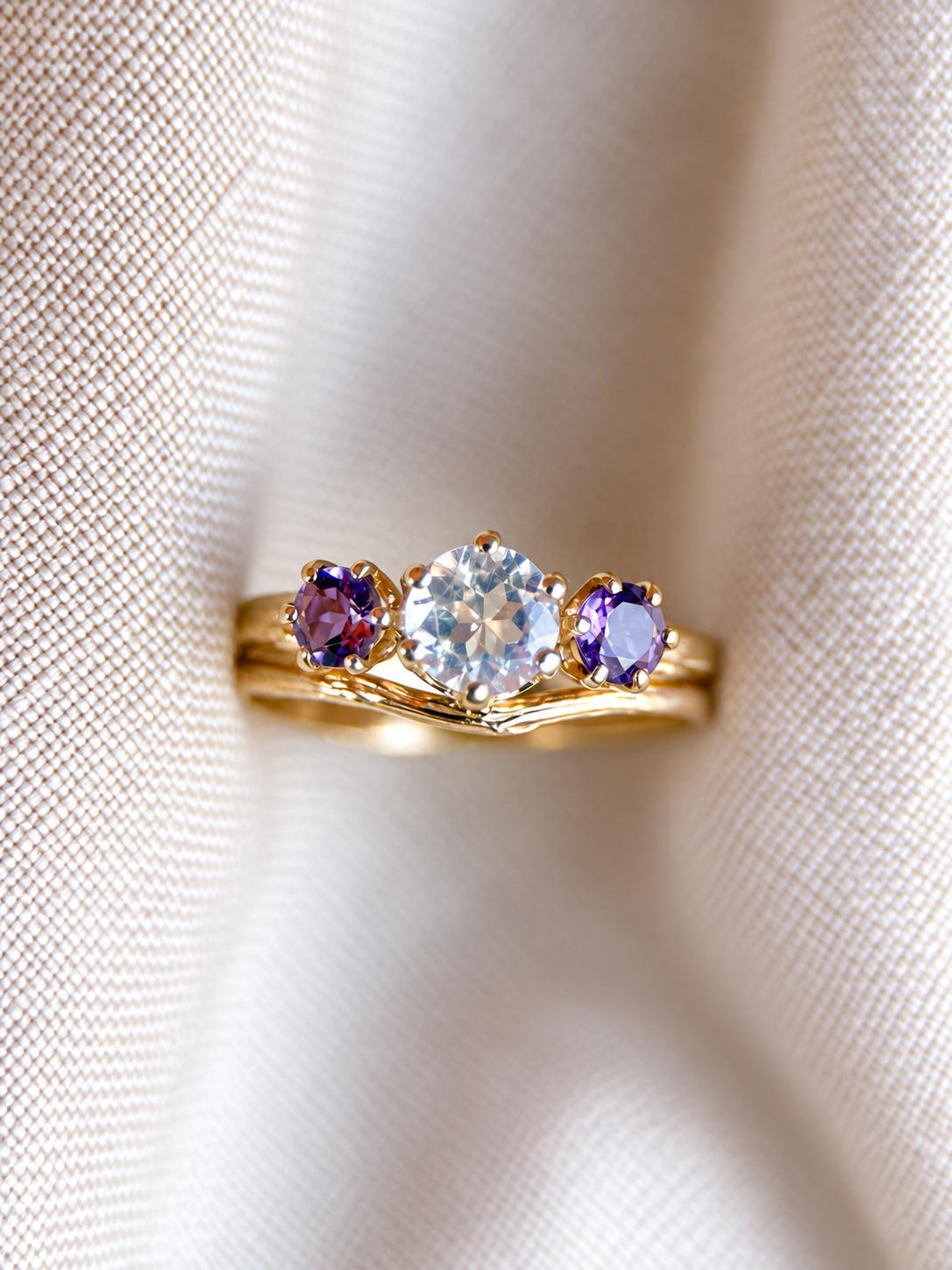 Vintage Moonstone and Amethyst Engagement Ring, Round Cut, 14k Gold, Three Stone Bridal Set