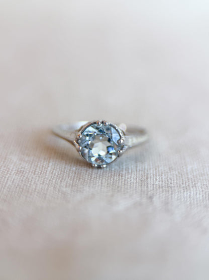 Vintage Aquamarine Engagement Ring, Round Cut, 14k White Gold, Antique Replica Filigree Bridal Ring