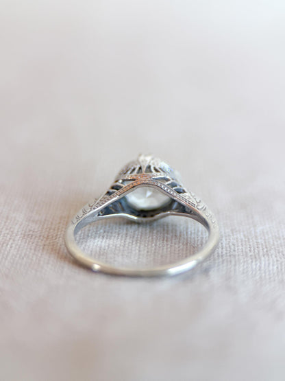 Vintage Aquamarine Engagement Ring, Round Cut, 14k White Gold, Antique Replica Filigree Bridal Ring