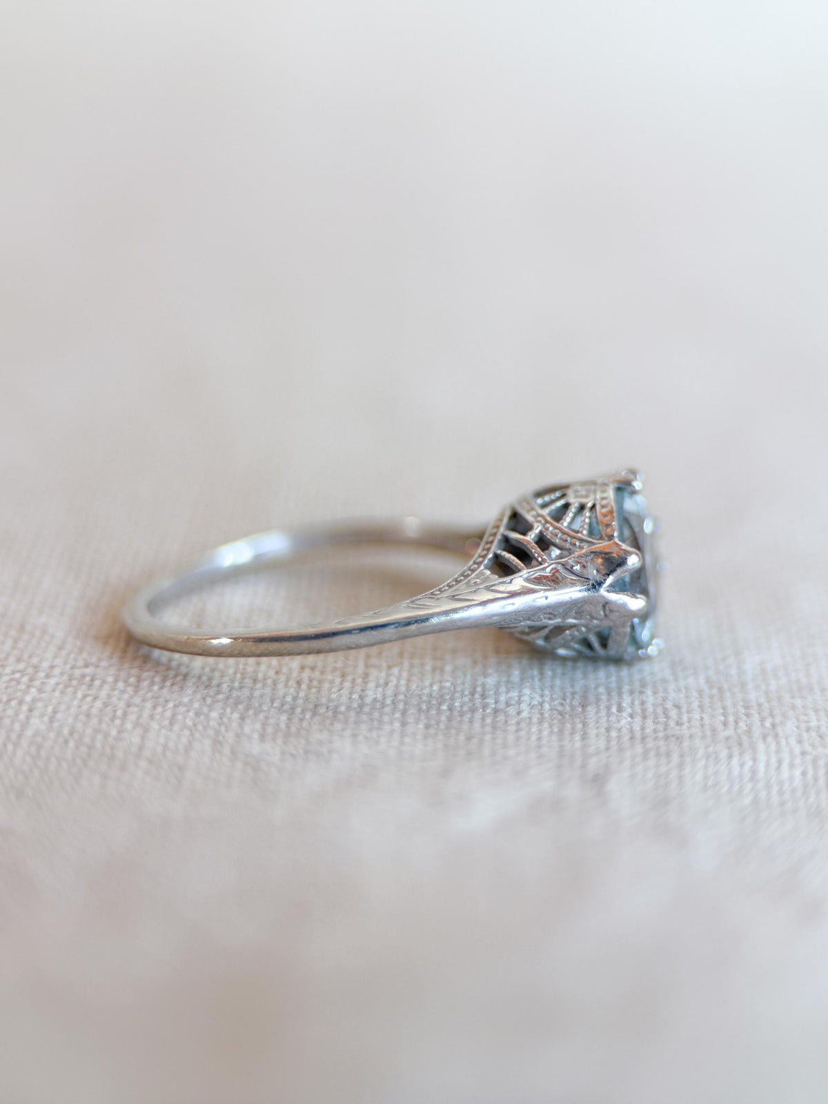 Vintage Aquamarine Engagement Ring, Round Cut, 14k White Gold, Antique Replica Filigree Bridal Ring