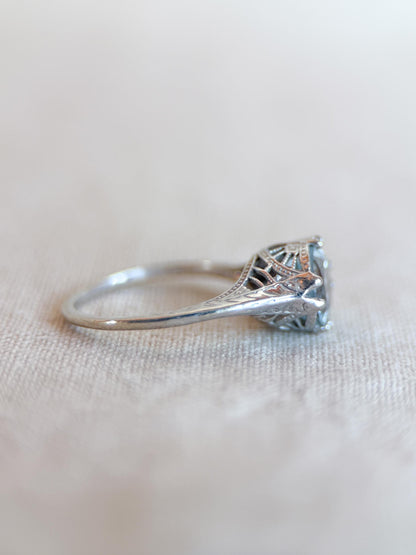 Vintage Aquamarine Engagement Ring, Round Cut, 14k White Gold, Antique Replica Filigree Bridal Ring
