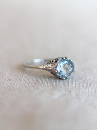 Vintage Aquamarine Engagement Ring, Round Cut, 14k White Gold, Antique Replica Filigree Bridal Ring