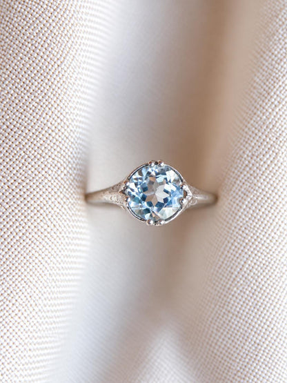 Vintage Aquamarine Engagement Ring, Round Cut, 14k White Gold, Antique Replica Filigree Bridal Ring