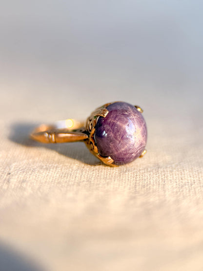 Vintage Purple Star Sapphire Ring, 14k Gold Oval Solitaire Statement Ring, Unique Gemstone Jewelry