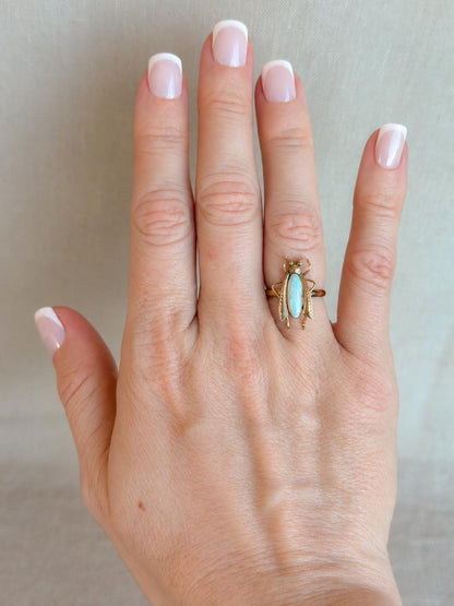 Vintage Opal Insect Ring, 18k Gold Art Nouveau Statement Ring, Unique Gemstone Bug Jewelry