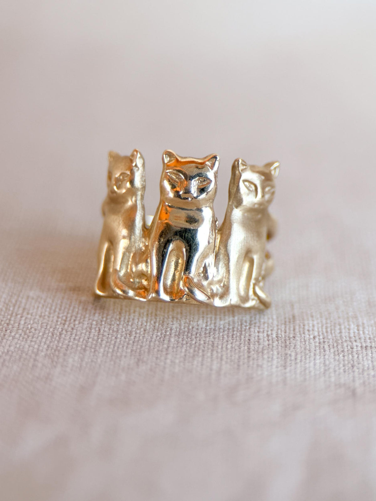 Vintage Cat Ring, 14k Gold Three Cats Statement Ring, Unique Animal Jewelry