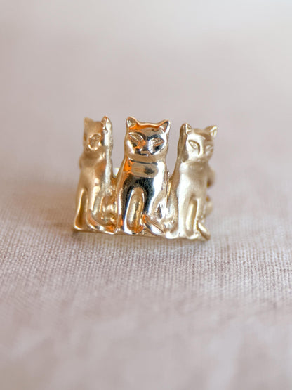 Vintage Cat Ring, 14k Gold Three Cats Statement Ring, Unique Animal Jewelry