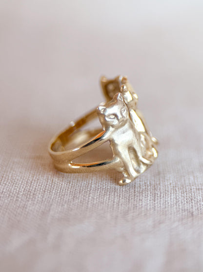 Vintage Cat Ring, 14k Gold Three Cats Statement Ring, Unique Animal Jewelry