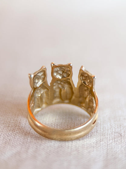 Vintage Cat Ring, 14k Gold Three Cats Statement Ring, Unique Animal Jewelry