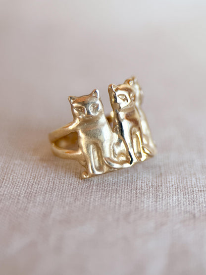 Vintage Cat Ring, 14k Gold Three Cats Statement Ring, Unique Animal Jewelry