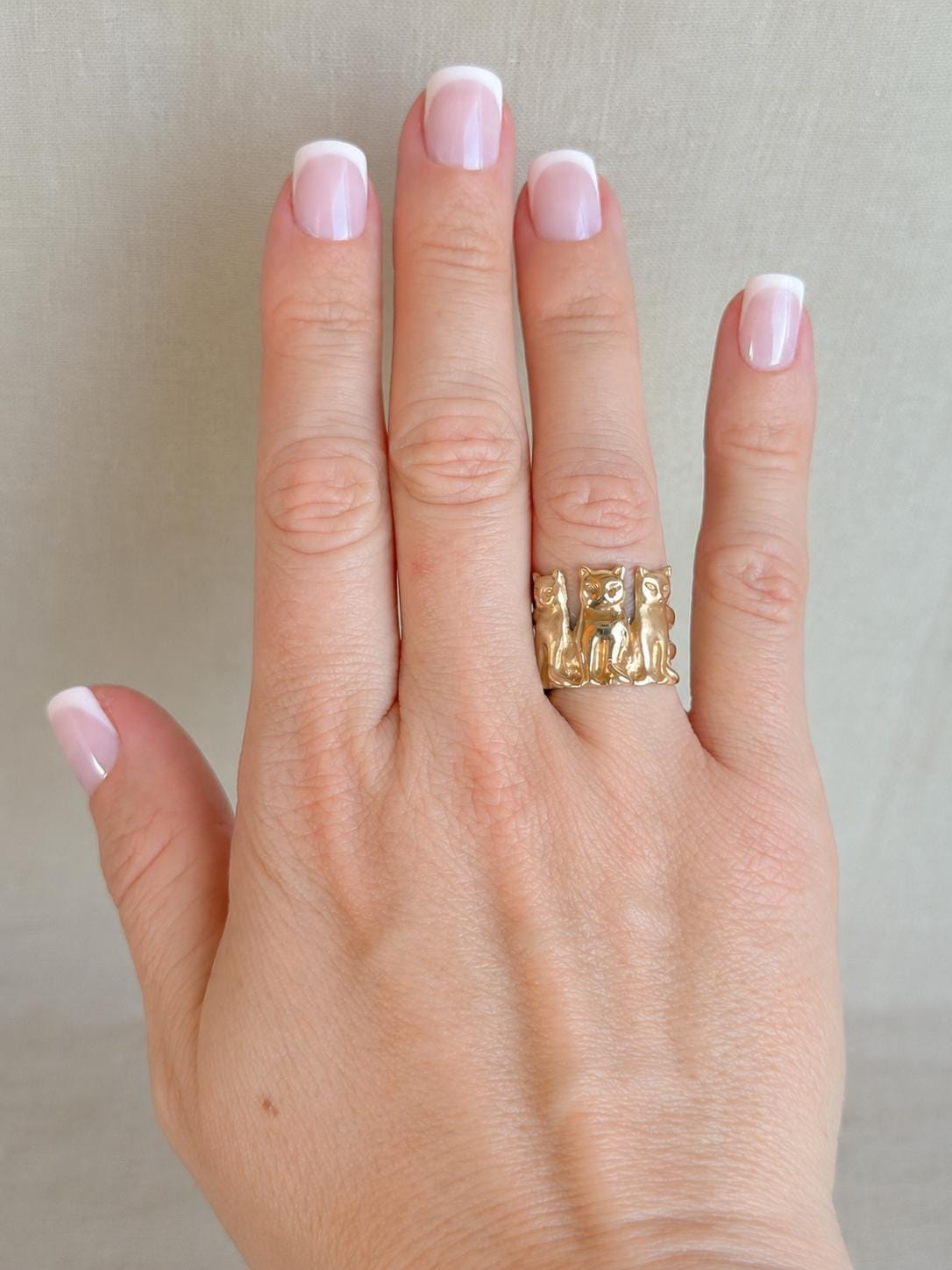 Vintage Cat Ring, 14k Gold Three Cats Statement Ring, Unique Animal Jewelry