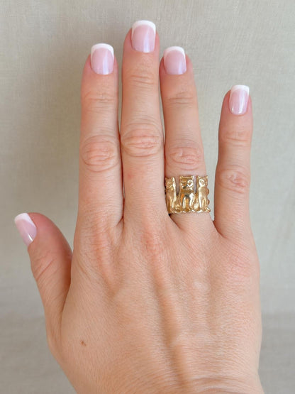 Vintage Cat Ring, 14k Gold Three Cats Statement Ring, Unique Animal Jewelry
