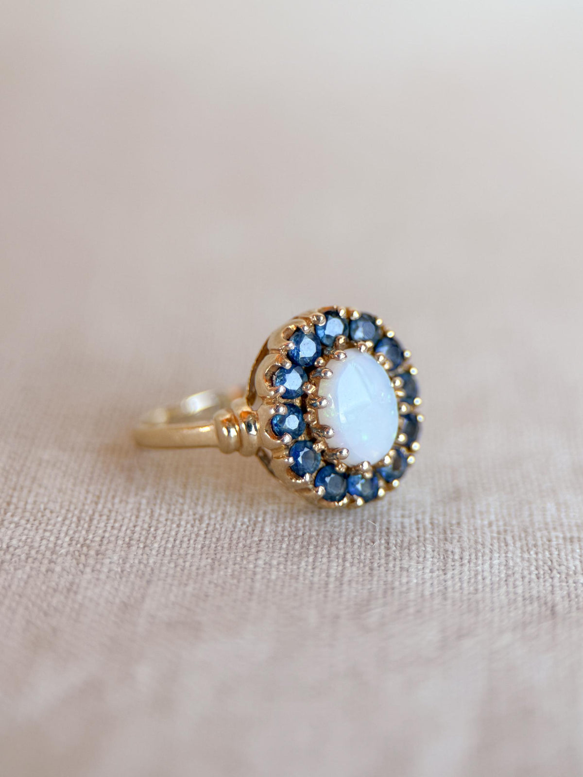 Vintage Opal and Sapphire Ring, 10k Gold Oval Halo Statement Ring, Unique Gemstone Jewelry