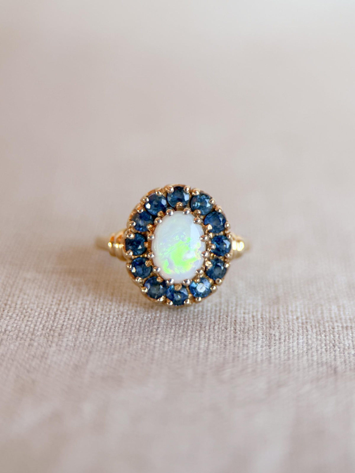Vintage Opal and Sapphire Ring, 10k Gold Oval Halo Statement Ring, Unique Gemstone Jewelry