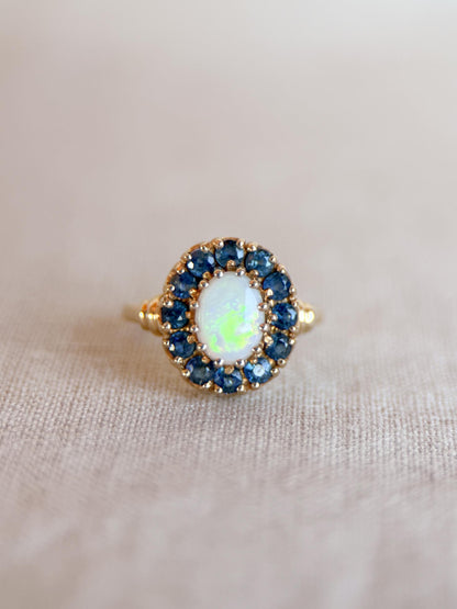 Vintage Opal and Sapphire Ring, 10k Gold Oval Halo Statement Ring, Unique Gemstone Jewelry