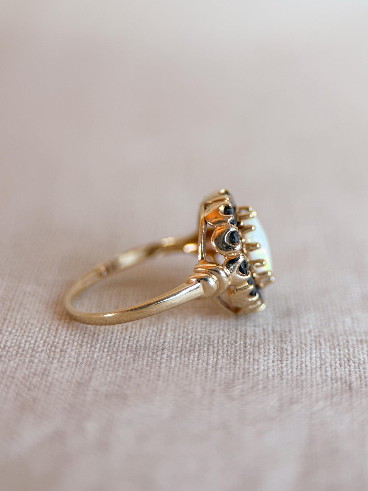 Vintage Opal and Sapphire Ring, 10k Gold Oval Halo Statement Ring, Unique Gemstone Jewelry