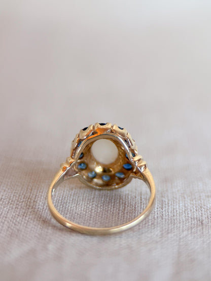 Vintage Opal and Sapphire Ring, 10k Gold Oval Halo Statement Ring, Unique Gemstone Jewelry