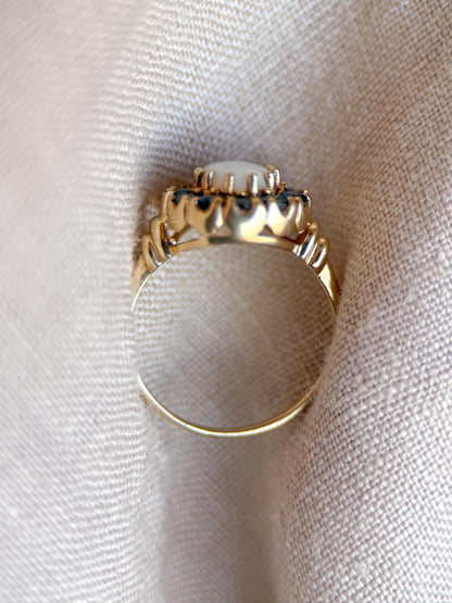 Vintage Opal and Sapphire Ring, 10k Gold Oval Halo Statement Ring, Unique Gemstone Jewelry