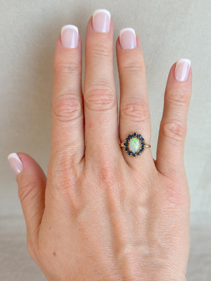Vintage Opal and Sapphire Ring, 10k Gold Oval Halo Statement Ring, Unique Gemstone Jewelry