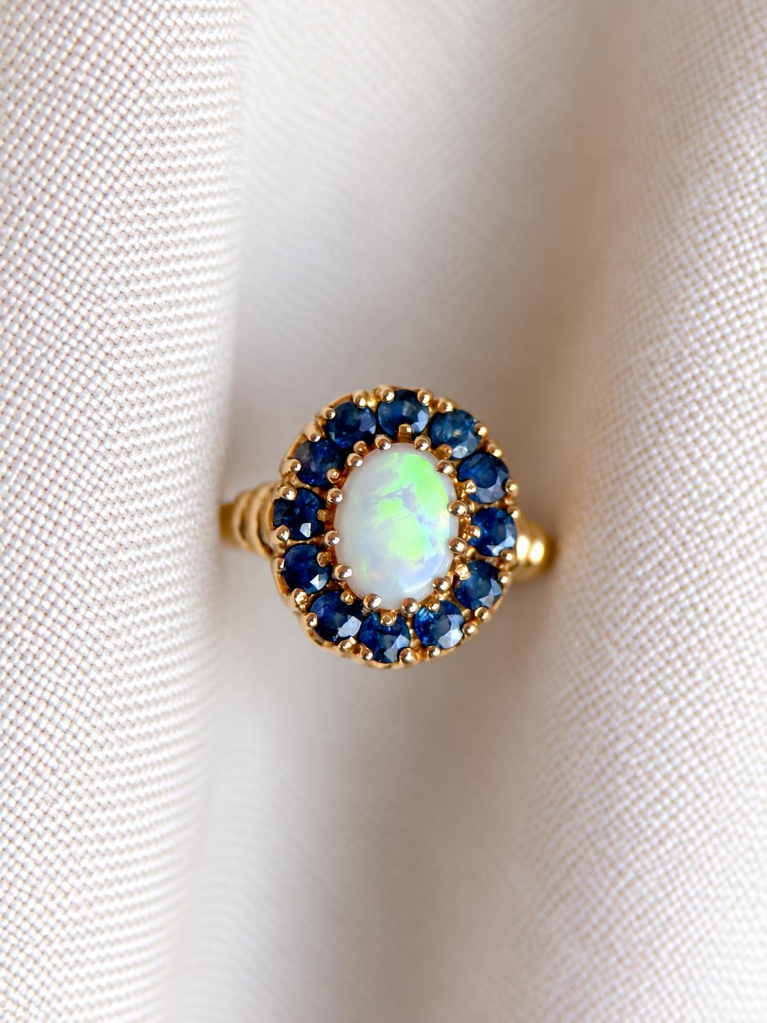 Vintage Opal and Sapphire Ring, 10k Gold Oval Halo Statement Ring, Unique Gemstone Jewelry