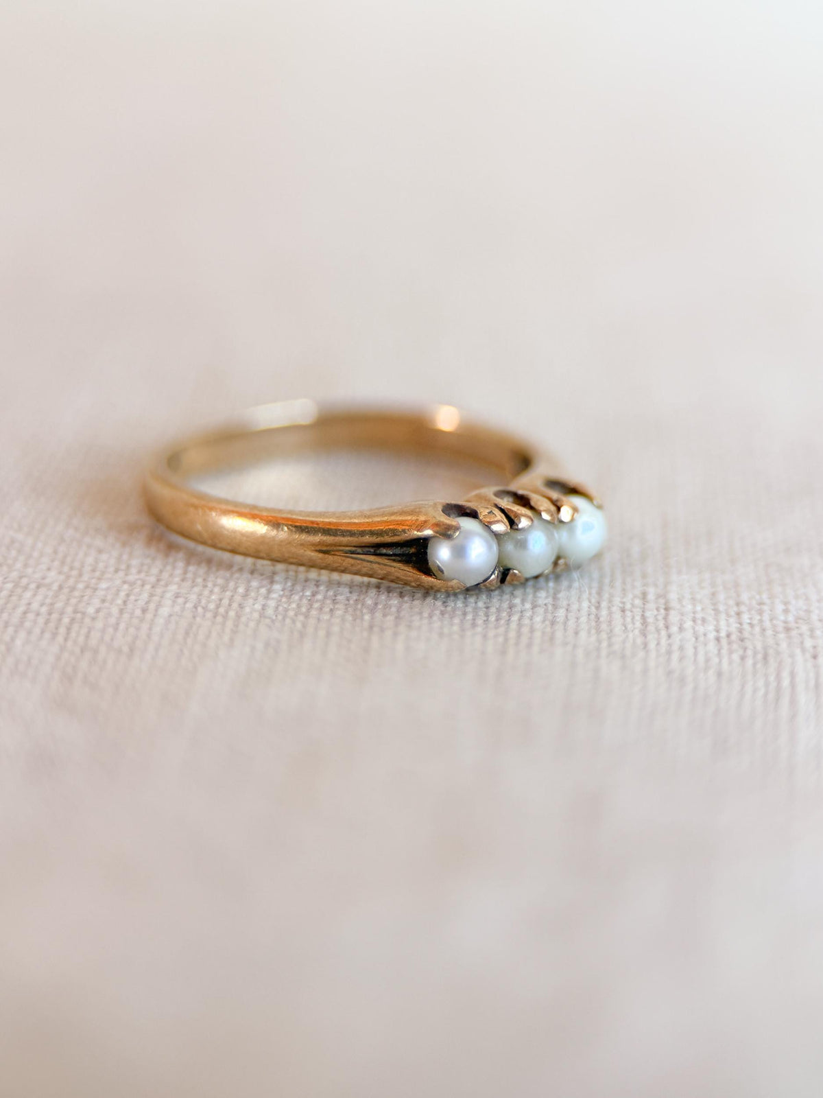 Vintage Pearl Engagement Ring, Three Stone 10k Gold Unique Bridal Ring