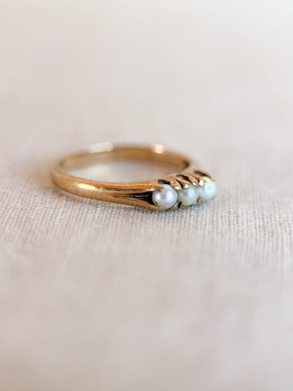 Vintage Pearl Engagement Ring, Three Stone 10k Gold Unique Bridal Ring