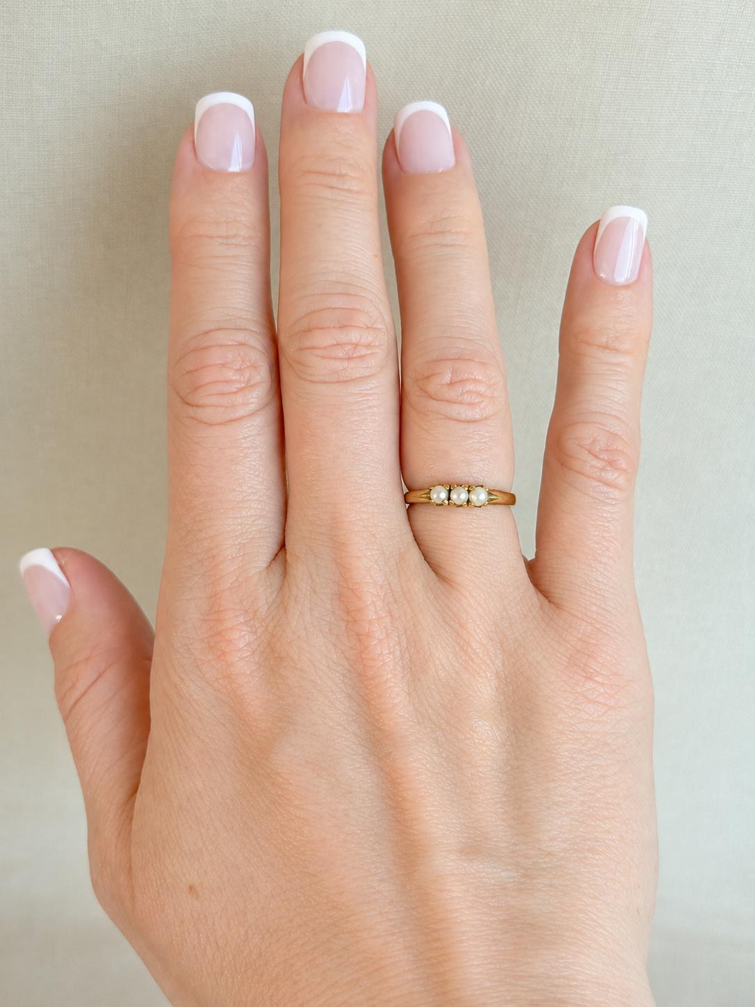 Vintage Pearl Engagement Ring, Three Stone 10k Gold Unique Bridal Ring