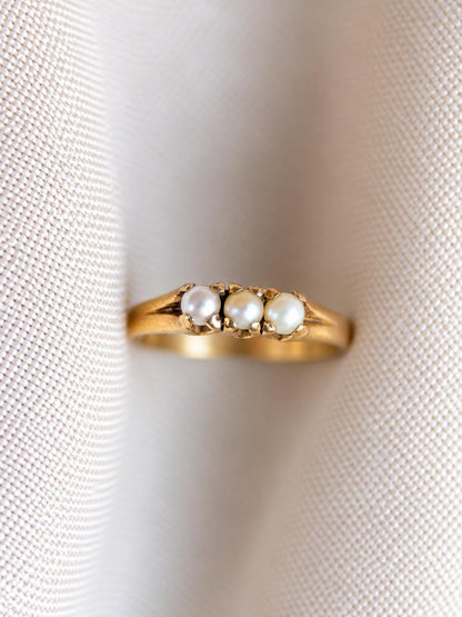 Vintage Pearl Engagement Ring, Three Stone 10k Gold Unique Bridal Ring