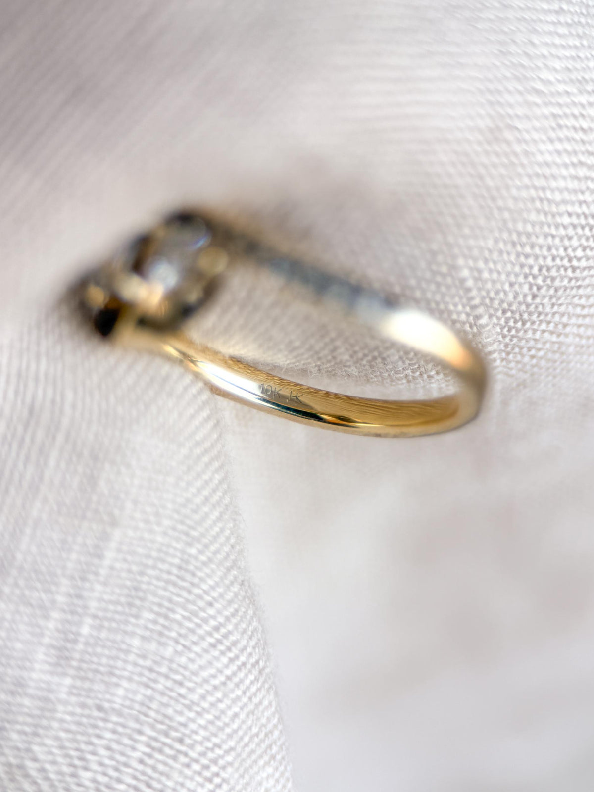 Vintage Diamond Engagement Ring, Round Cut, 10k Gold, Three Stone Offset Swirl Bridal Ring