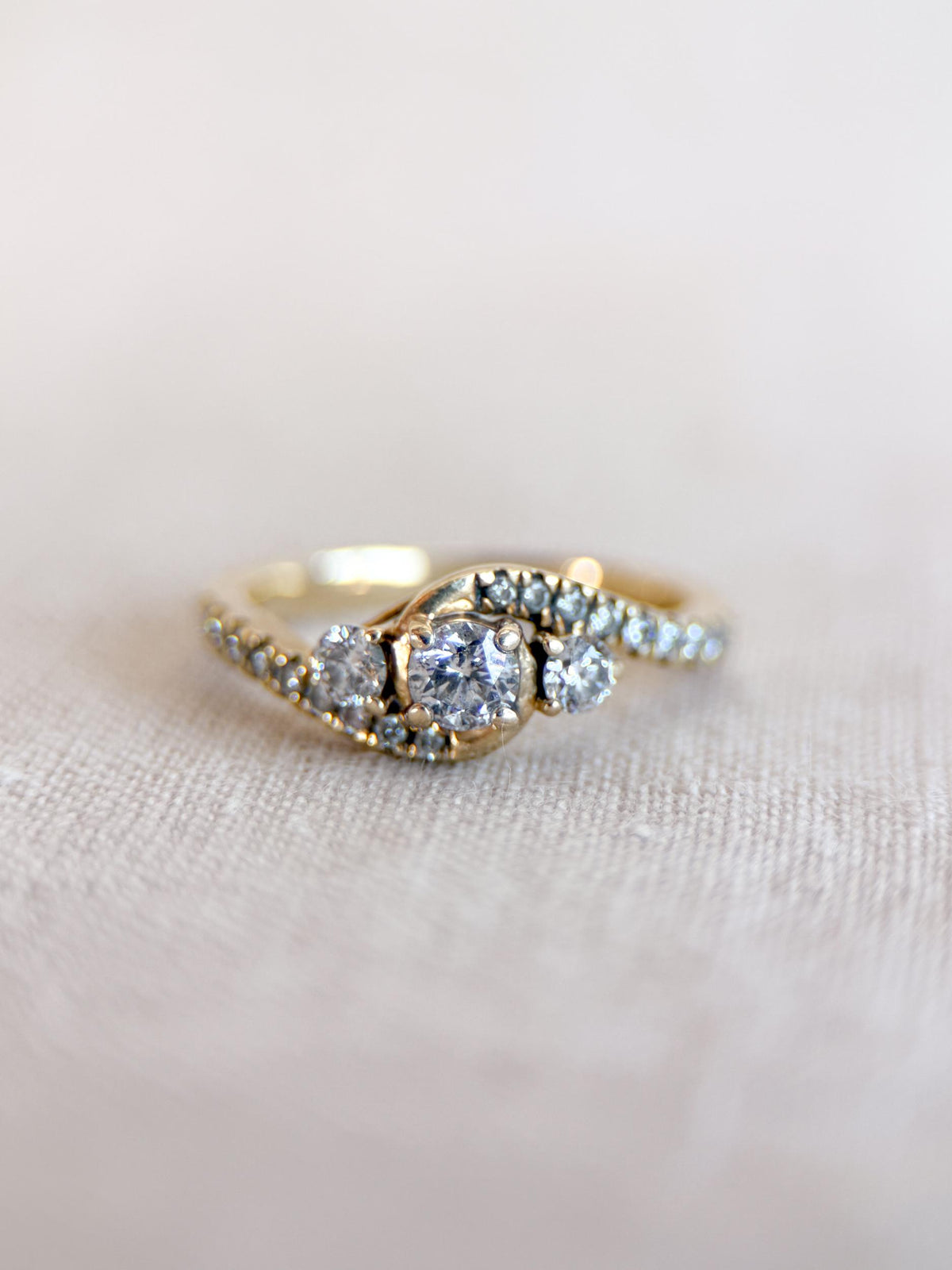 Vintage Diamond Engagement Ring, Round Cut, 10k Gold, Three Stone Offset Swirl Bridal Ring
