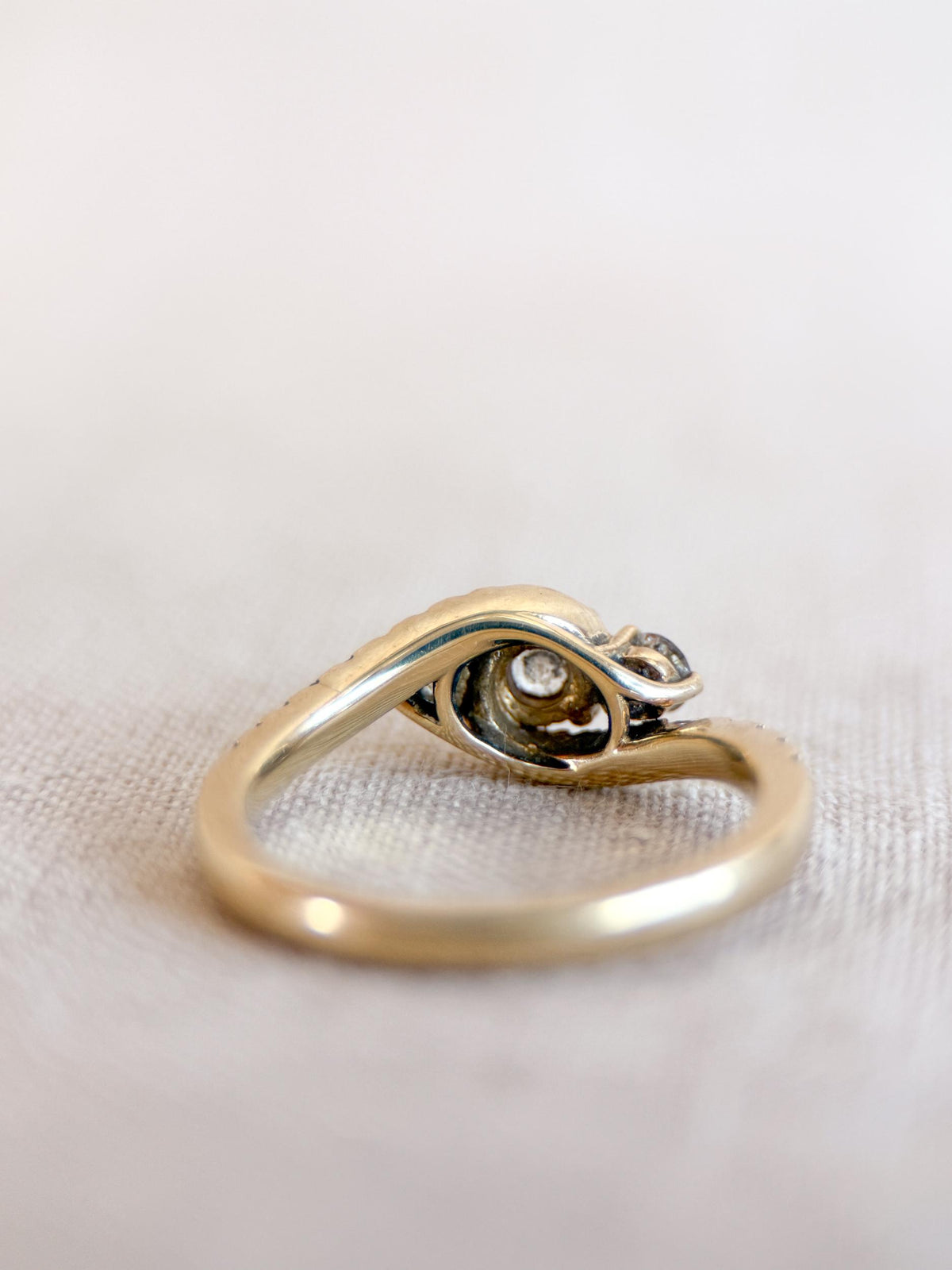 Vintage Diamond Engagement Ring, Round Cut, 10k Gold, Three Stone Offset Swirl Bridal Ring