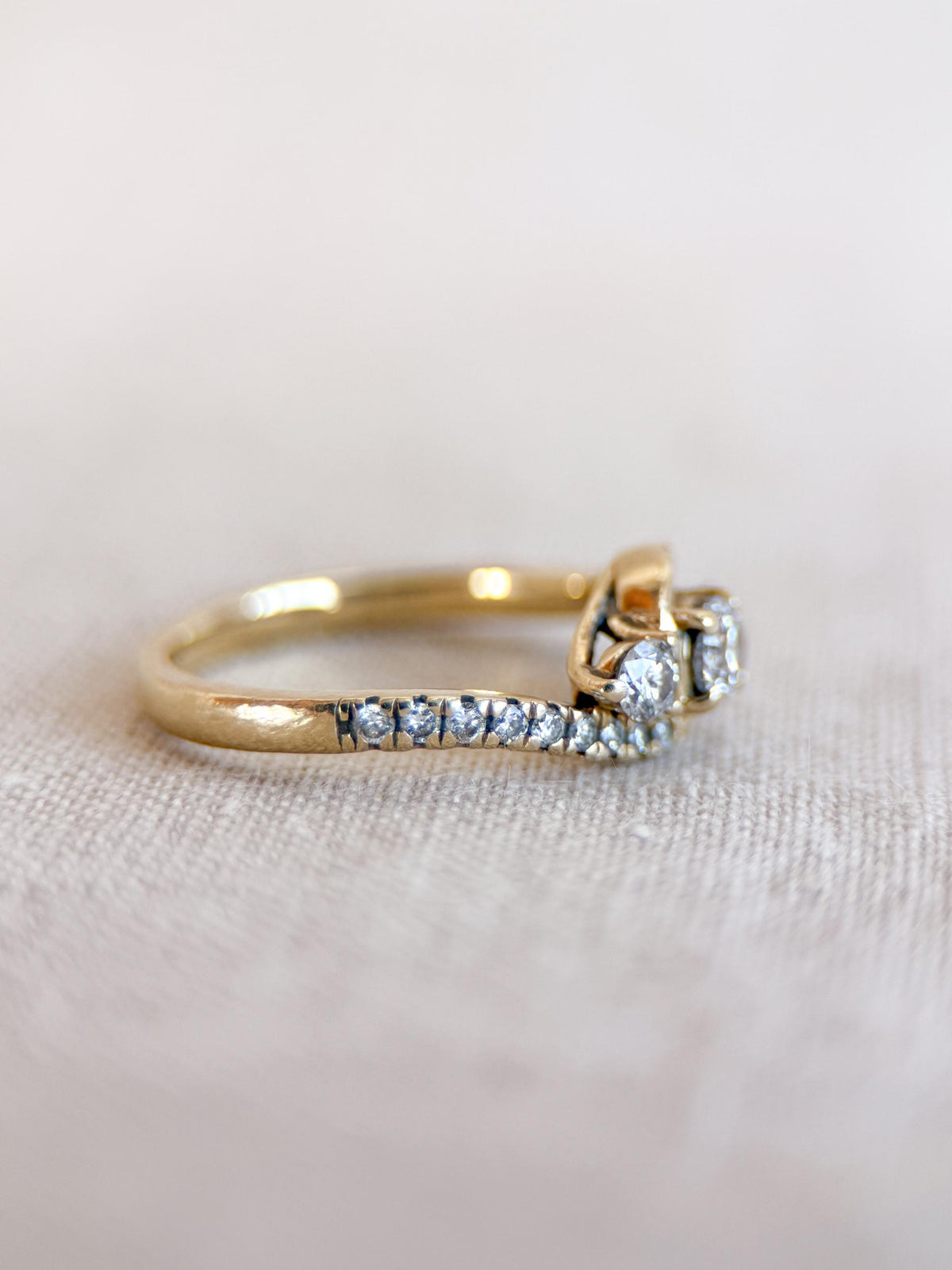 Vintage Diamond Engagement Ring, Round Cut, 10k Gold, Three Stone Offset Swirl Bridal Ring